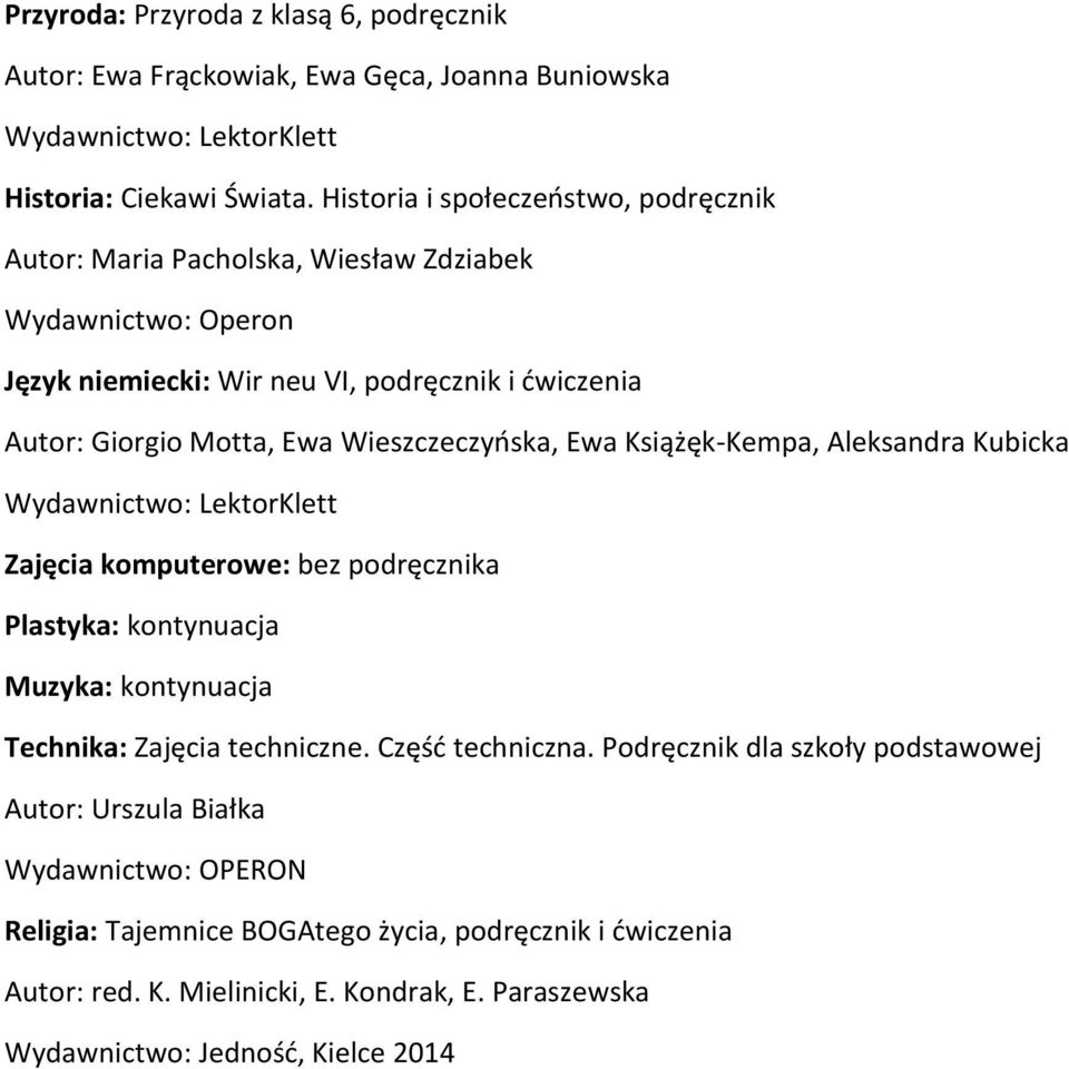 Książęk-Kempa, Aleksandra Kubicka Wydawnictwo: LektorKlett Zajęcia komputerowe: bez podręcznika Plastyka: kontynuacja Muzyka: kontynuacja Technika: Zajęcia techniczne.
