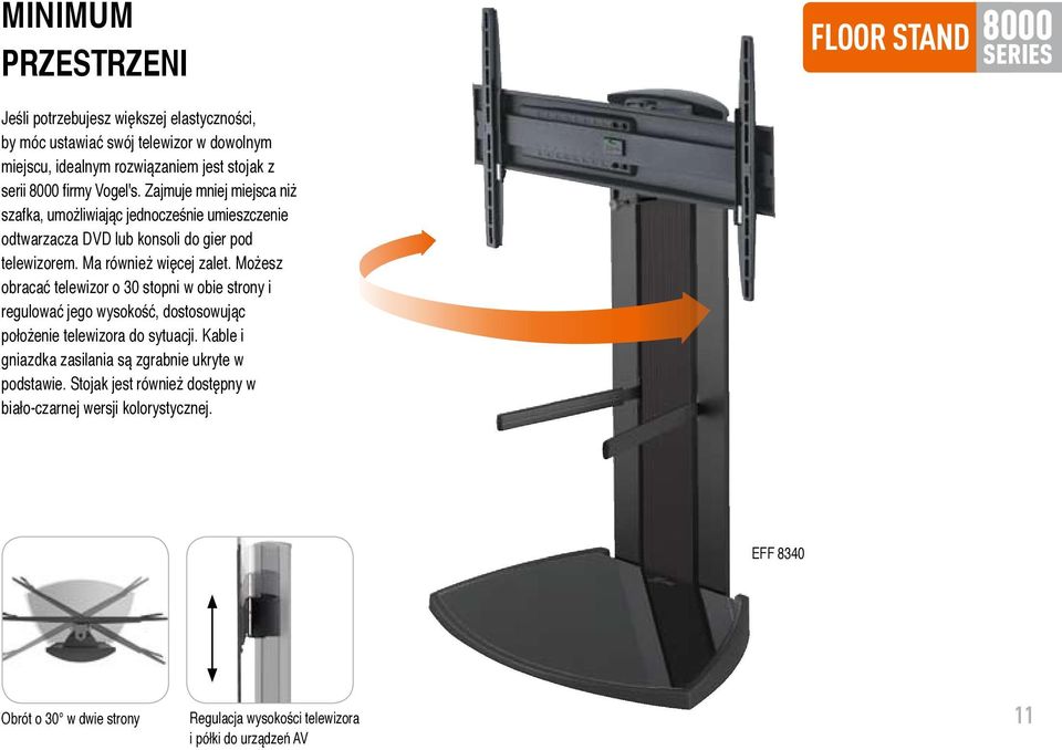 Możesz obracać telewizor o 30 stopni w obie strony i regulować jego wysokość, dostosowując położenie telewizora do sytuacji.