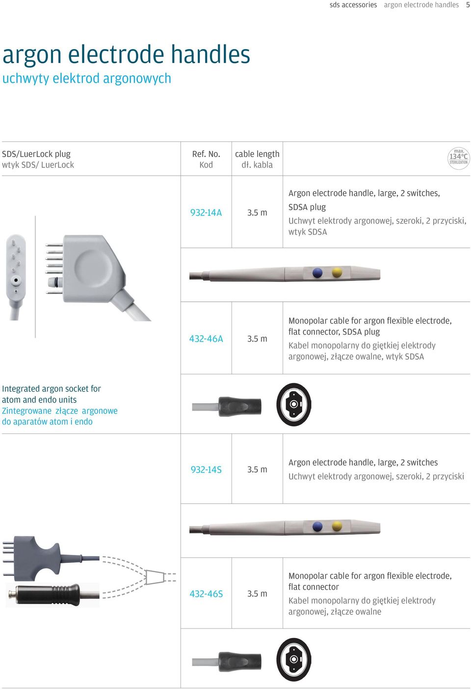 5 m Monopolar cable for argon flexible electrode, flat connector, SDSA plug Kabel monopolarny do giętkiej elektrody argonowej, złącze owalne, A Integrated argon socket for atom and endo