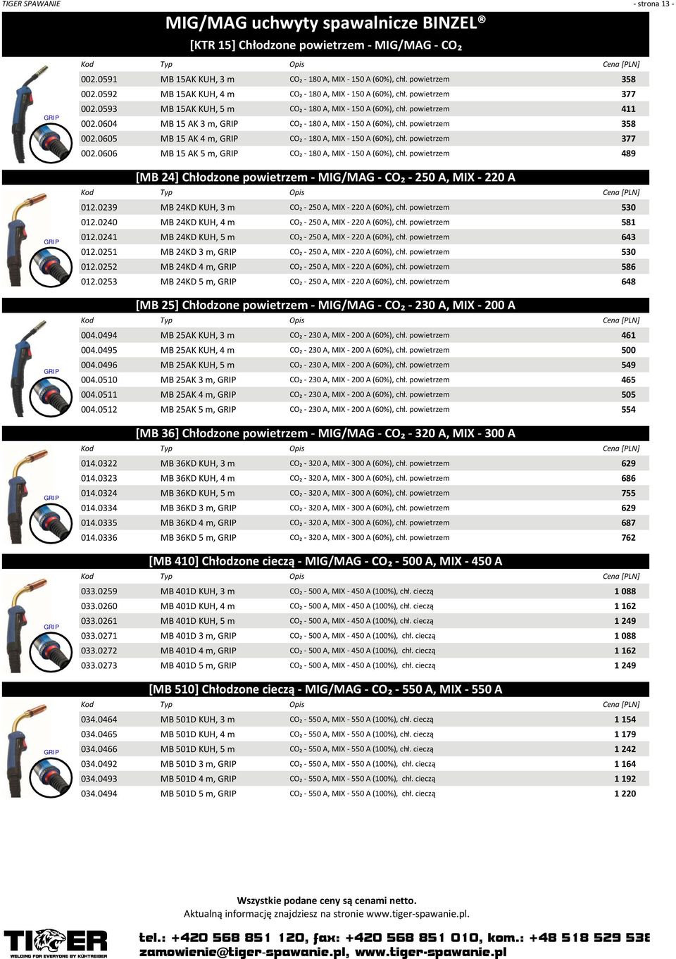 0604 MB 15 AK 3 m, GRIP CO₂ 180 A, MIX 150 A (60%), chł. powietrzem 358 002.0605 MB 15 AK 4 m, GRIP CO₂ 180 A, MIX 150 A (60%), chł. powietrzem 377 002.
