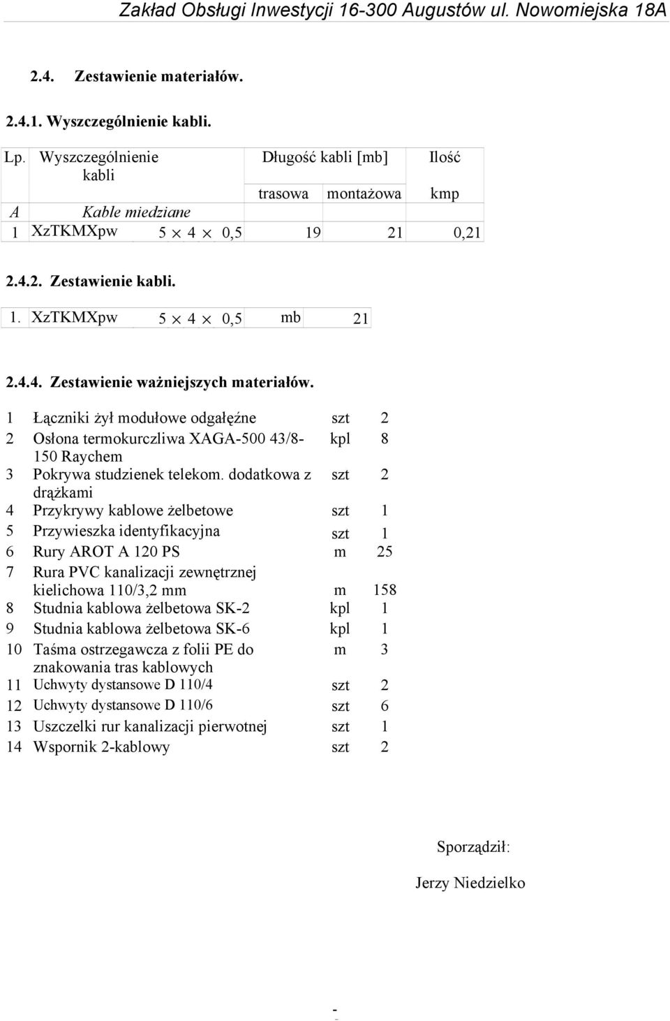 1 Łączniki Ŝył modułowe odgałęźne szt 2 2 Osłona termokurczliwa XAGA500 43/8 kpl 8 150 Raychem 3 Pokrywa studzienek telekom.