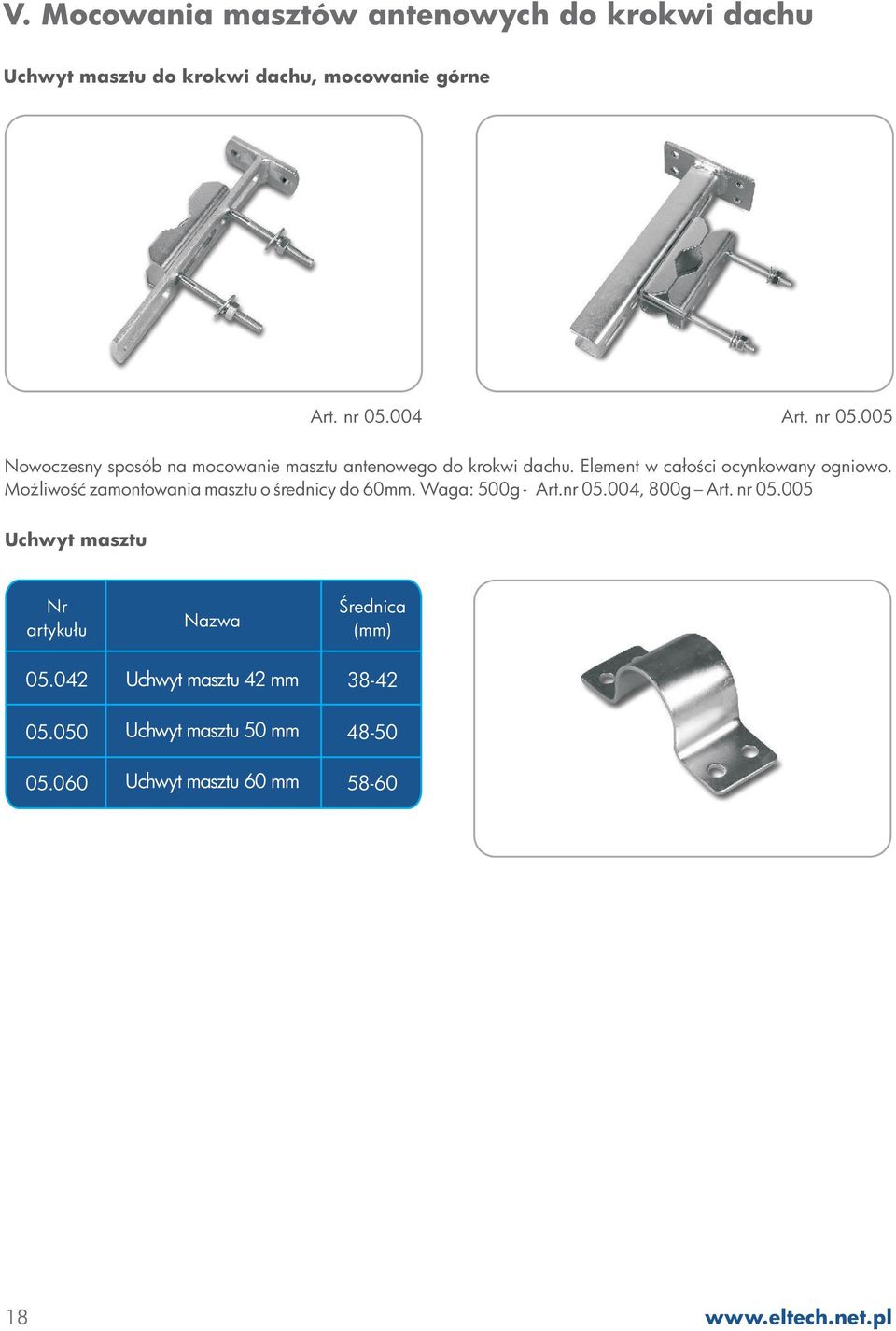Mo liwoœæ zamontowania masztu o œrednicy do 60mm. Waga: 500g - Art.nr 05.004, 800g Art. nr 05.