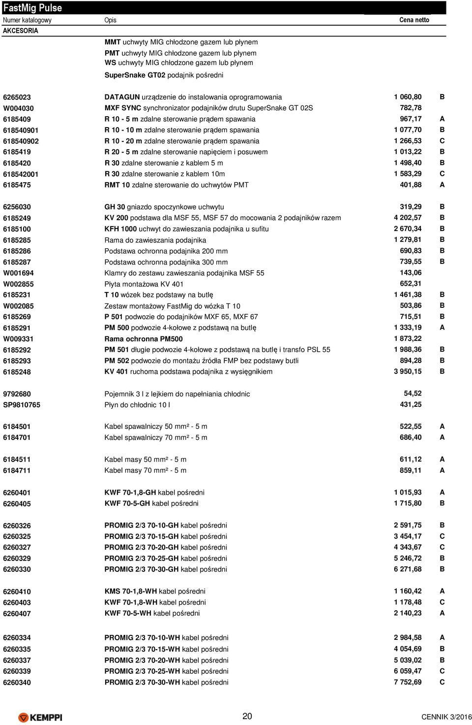 618540901 R 10-10 m zdalne sterowanie prądem spawania 1 077,70 B 618540902 R 10-20 m zdalne sterowanie prądem spawania 1 266,53 C 6185419 R 20-5 m zdalne sterowanie napięciem i posuwem 1 013,22 B