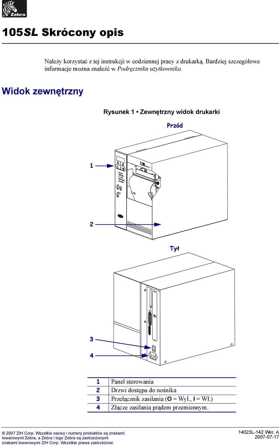 Widok zewnętrzny Rysunek Zewnętrzny widok drukarki Przód Tył 3 4 Panel sterowania Drzwi dostępu do nośnika 3 Przełącznik zasilania (O =
