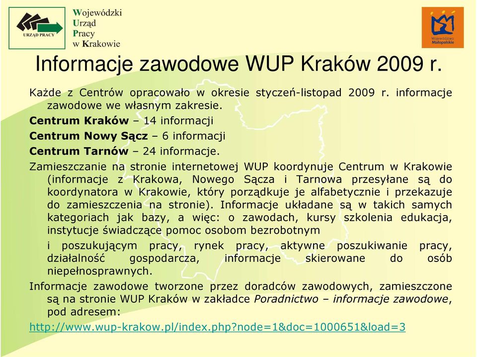 Zamieszczanie na stronie internetowej WUP koordynuje Centrum w Krakowie (informacje z Krakowa, Nowego Sącza i Tarnowa przesyłane są do koordynatora w Krakowie, który porządkuje je alfabetycznie i