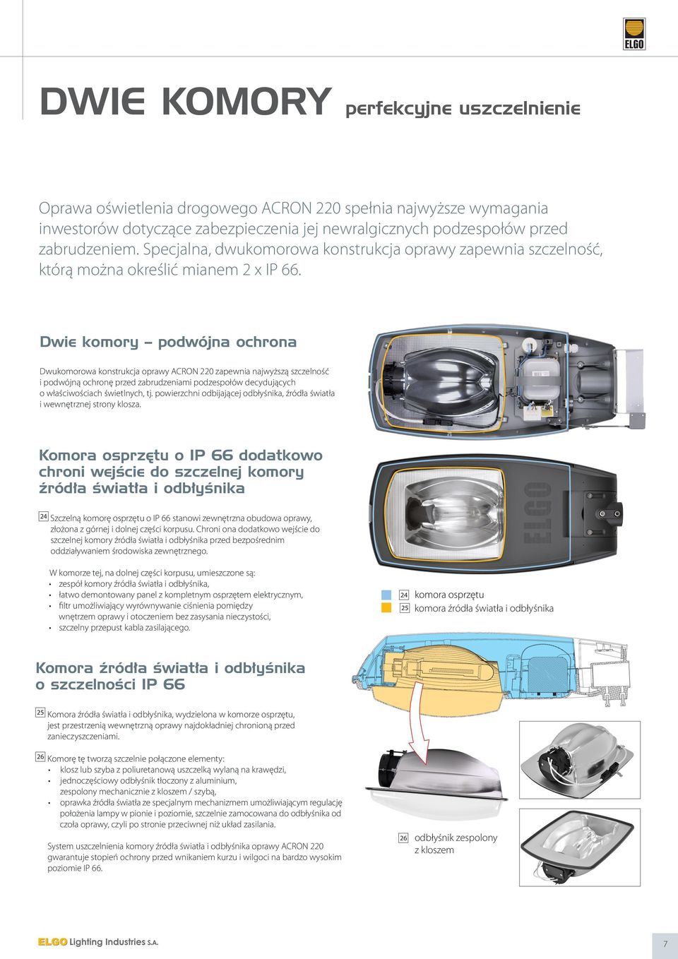 Dwie komory podwójna ochrona Dwukomorowa konstrukcja oprawy ACRON 220 zapewnia najwyższą szczelność i podwójną ochronę przed zabrudzeniami podzespołów decydujących o właściwościach świetlnych, tj.