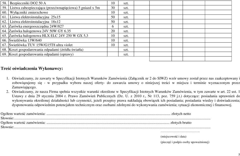 Świetlówka 13W/640 10 szt. 67. Świetlówka TUV 15W/G15T8 ultra violet 10 szt. 68. Koszt gospodarowania odpadami (źródła światła) szt. 69. Koszt gospodarowania odpadami (oprawy) szt.