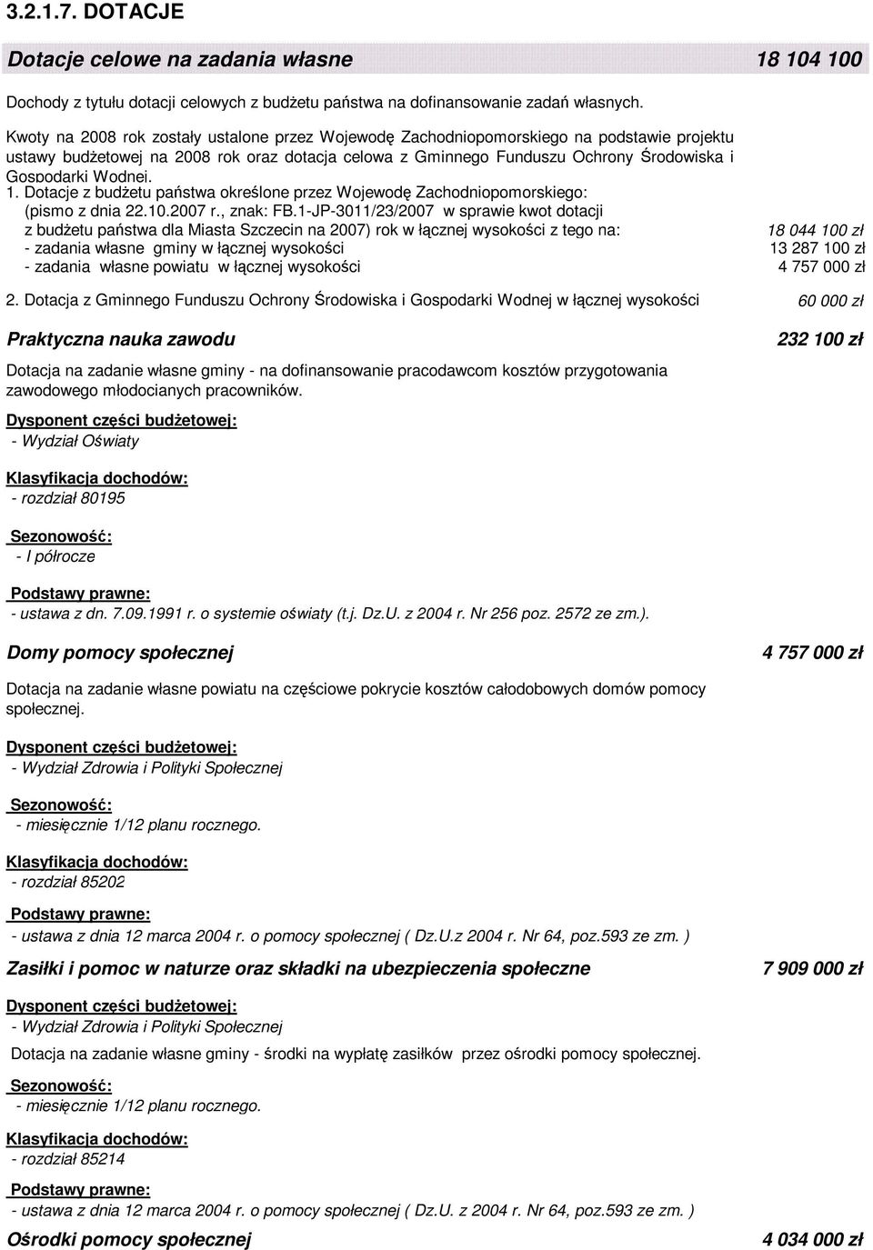 Wodnej. 1. Dotacje z budŝetu państwa określone przez Wojewodę Zachodniopomorskiego: (pismo z dnia 22.10.2007 r., znak: FB.