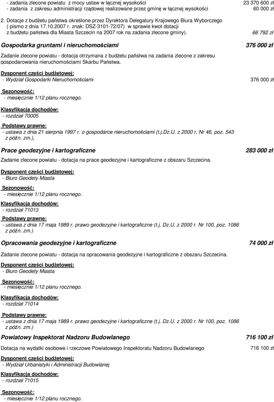 znak: DSZ-3101-72/07) w sprawie kwot dotacji z budŝetu państwa dla Miasta Szczecin na 2007 rok na zadania zlecone gminy).