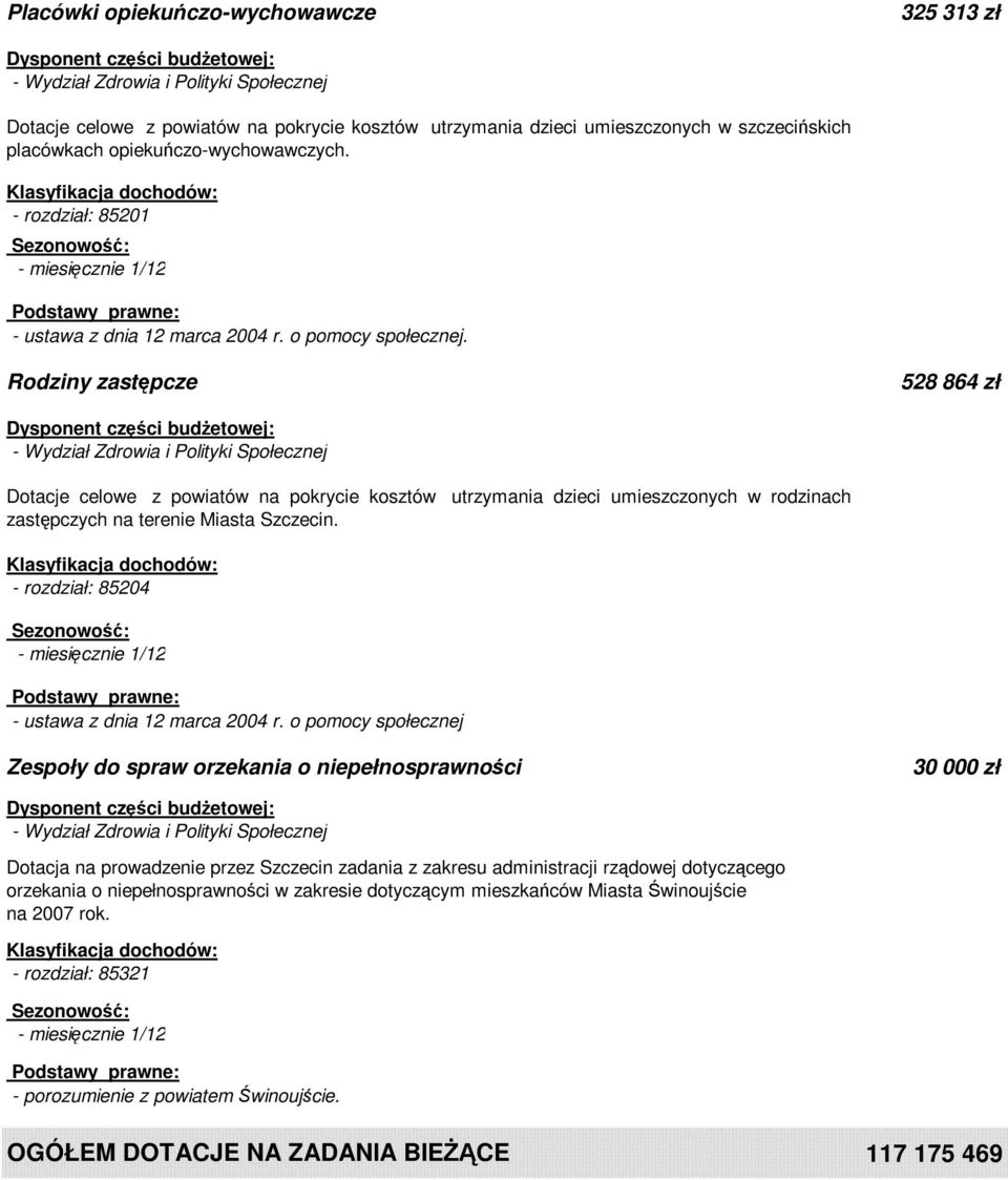 Rodziny zastępcze 528 864 zł Dotacje celowe z powiatów na pokrycie kosztów utrzymania dzieci umieszczonych w rodzinach zastępczych na terenie Miasta Szczecin.