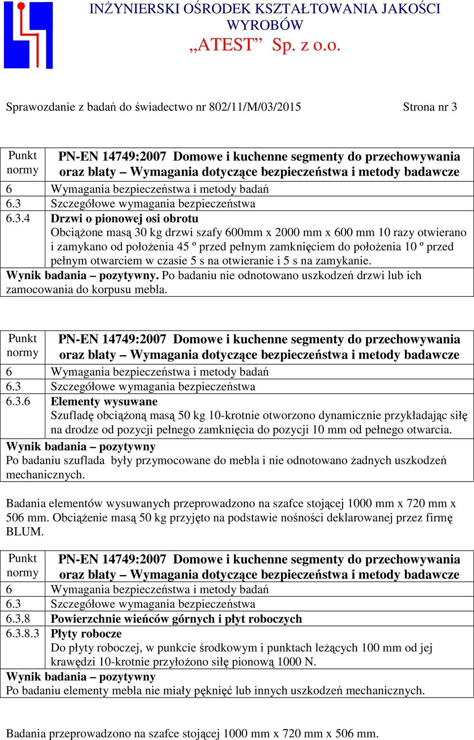 4 Drzwi o pionowej osi obrotu Obciążone masą 30 kg drzwi szafy 600mm x 2000 mm x 600 mm 10 razy otwierano i zamykano od położenia 45 º przed pełnym zamknięciem do położenia 10 º przed pełnym