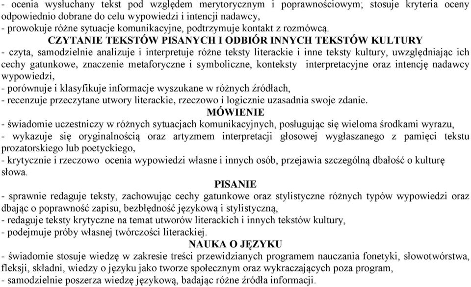 - czyta, samodzielnie analizuje i interpretuje różne teksty literackie i inne teksty kultury, uwzględniając ich cechy gatunkowe, znaczenie metaforyczne i symboliczne, konteksty interpretacyjne oraz