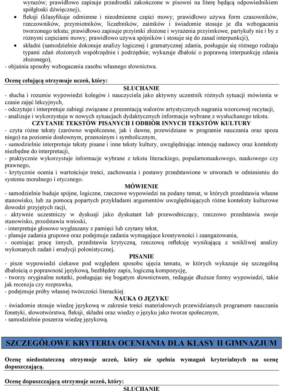 by z różnymi częściami mowy; prawidłowo używa spójników i stosuje się do zasad interpunkcji), składni (samodzielnie dokonuje analizy logicznej i gramatycznej zdania, posługuje się różnego rodzaju