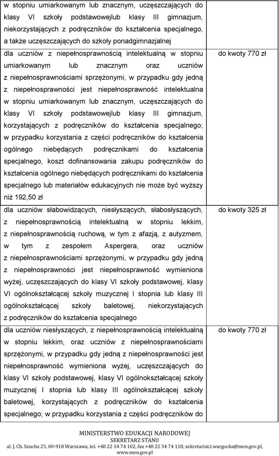 przypadku korzystania z części podręczników do kształcenia ogólnego niebędących podręcznikami do kształcenia specjalnego lub materiałów edukacyjnych nie może być wyższy niż 192,50 zł wyżej,