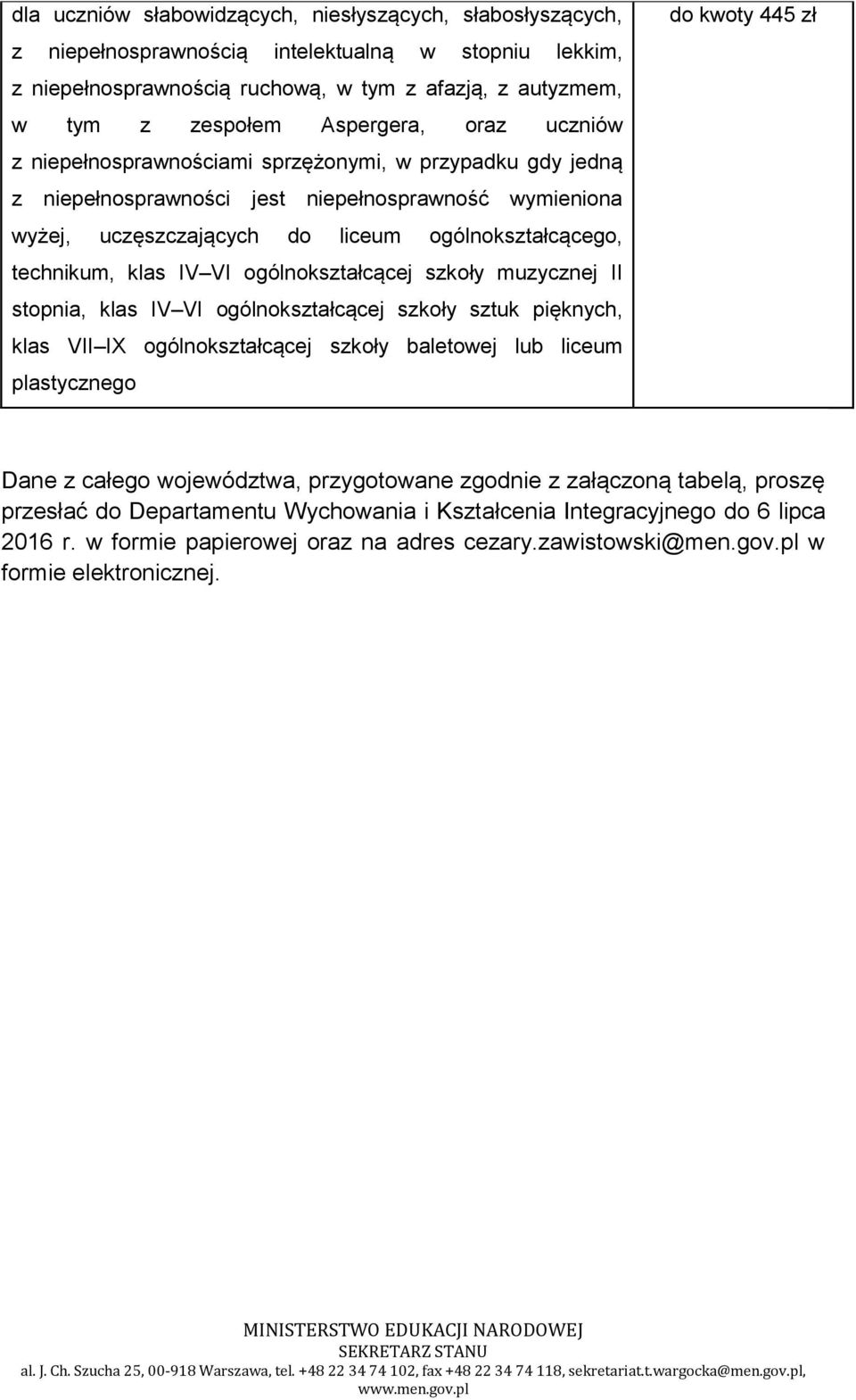 445 zł Dane z całego województwa, przygotowane zgodnie z załączoną tabelą, proszę przesłać do Departamentu Wychowania i