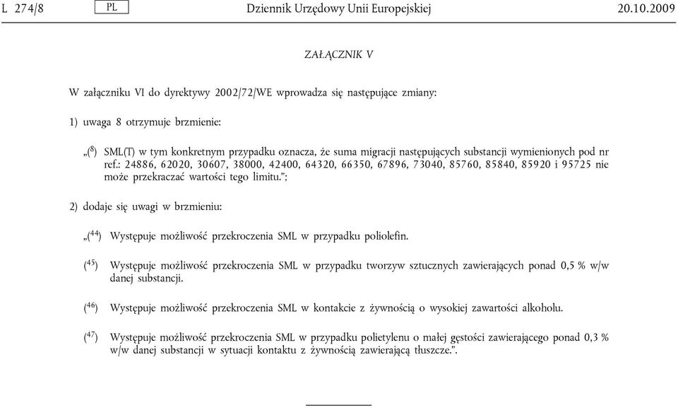 następujących substancji wymienionych pod nr ref.: 24886, 62020, 30607, 38000, 42400, 64320, 66350, 67896, 73040, 85760, 85840, 85920 i 95725 nie może przekraczać wartości tego limitu.