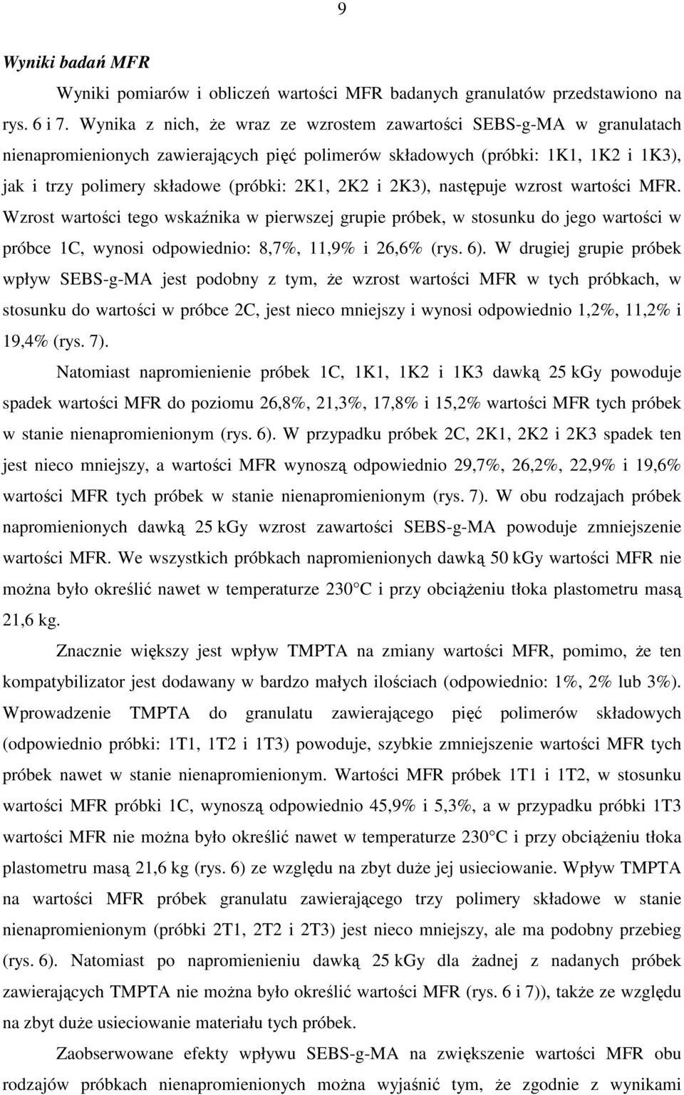 2K2 i 2K3), następuje wzrost wartości MFR. Wzrost wartości tego wskaźnika w pierwszej grupie próbek, w stosunku do jego wartości w próbce 1C, wynosi odpowiednio: 8,7%, 11,9% i 26,6% (rys. 6).