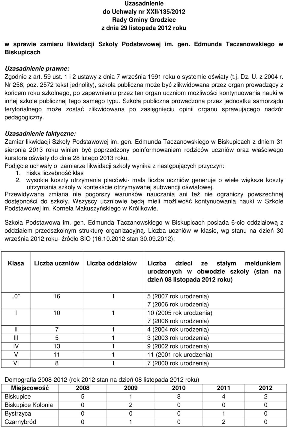 2572 tekst jednolity), szkoła publiczna moŝe być zlikwidowana przez organ prowadzący z końcem roku szkolnego, po zapewnieniu przez ten organ uczniom moŝliwości kontynuowania nauki w innej szkole