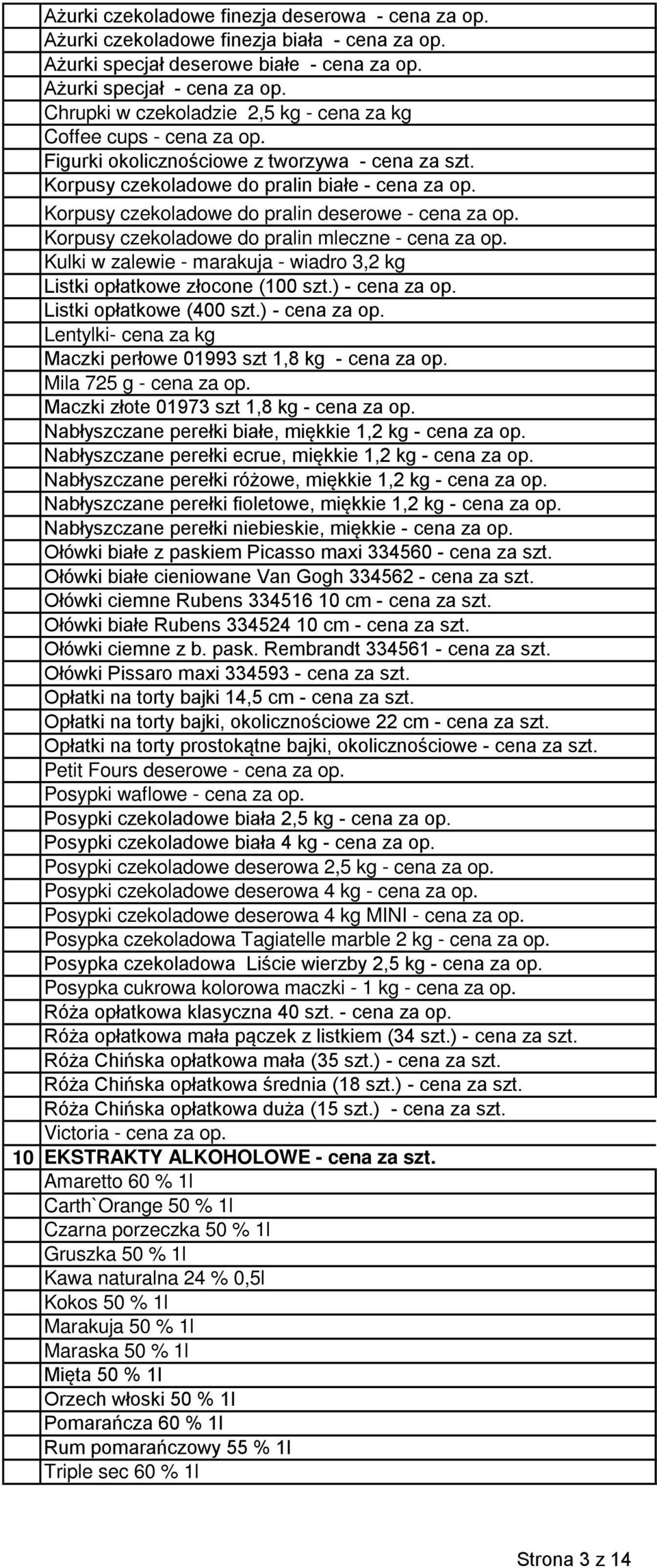 Korpusy czekoladowe do pralin deserowe - cena za op. Korpusy czekoladowe do pralin mleczne - cena za op. Kulki w zalewie - marakuja - wiadro 3,2 kg Listki opłatkowe złocone (100 szt.) - cena za op.