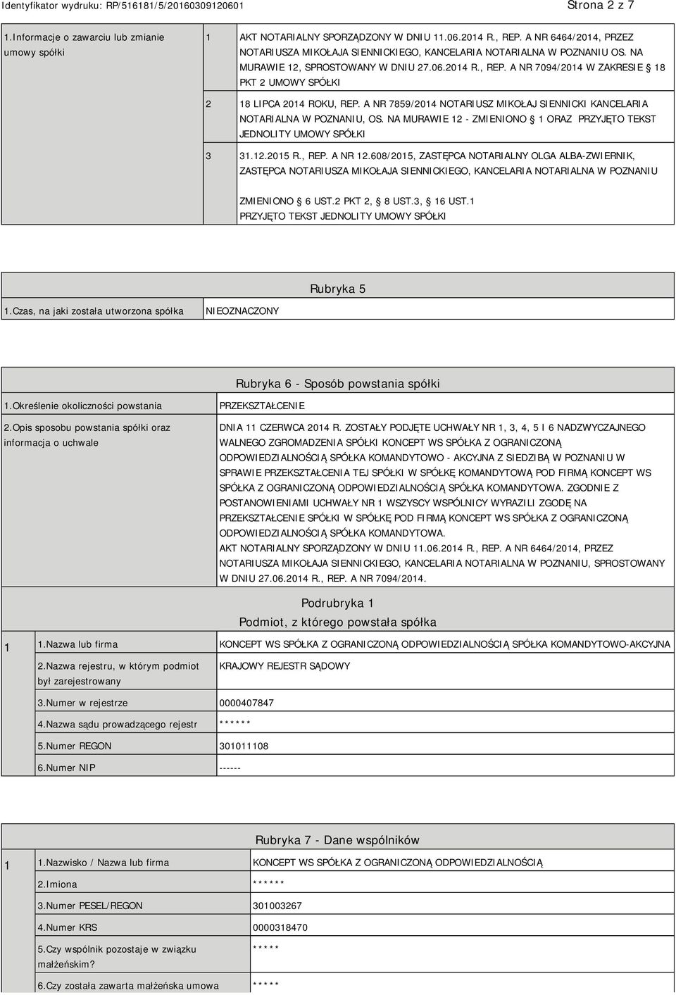 A NR 7094/2014 W ZAKRESIE 18 PKT 2 UMOWY SPÓŁKI 2 18 LIPCA 2014 ROKU, REP. A NR 7859/2014 NOTARIUSZ MIKOŁAJ SIENNICKI KANCELARIA NOTARIALNA W POZNANIU, OS.