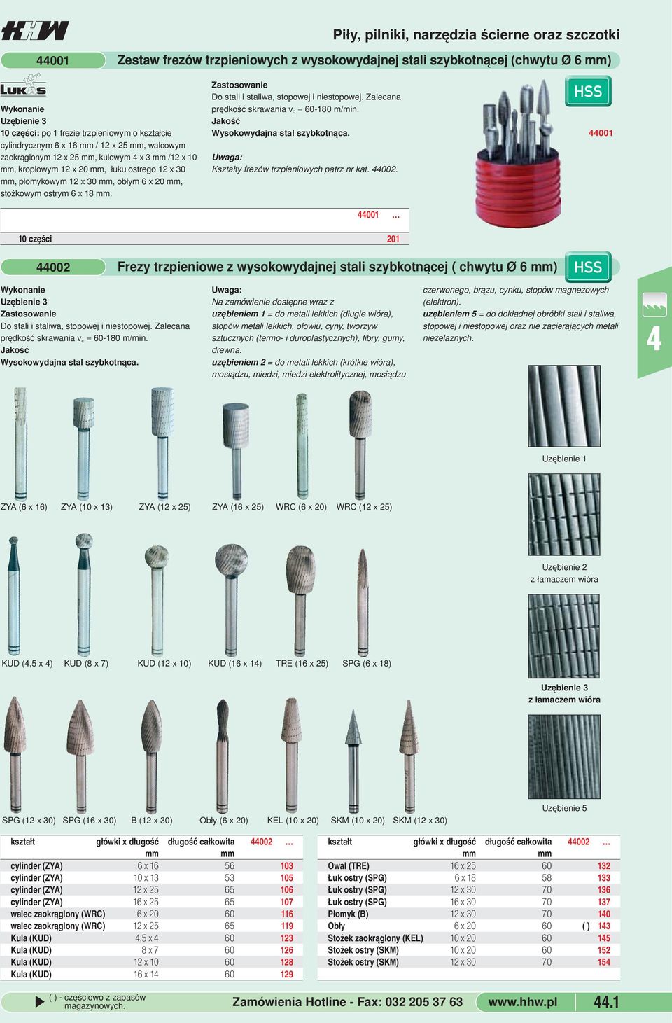 staliwa, stopowej i niestopowej Zalecana prędkość skrawania v c = 60-180 m/min Wysokowydajna stal szybkotnąca Uwaga: Kształty frezów trzpieniowych patrz nr kat 002 001 10 części 201 SS 001 002 Frezy