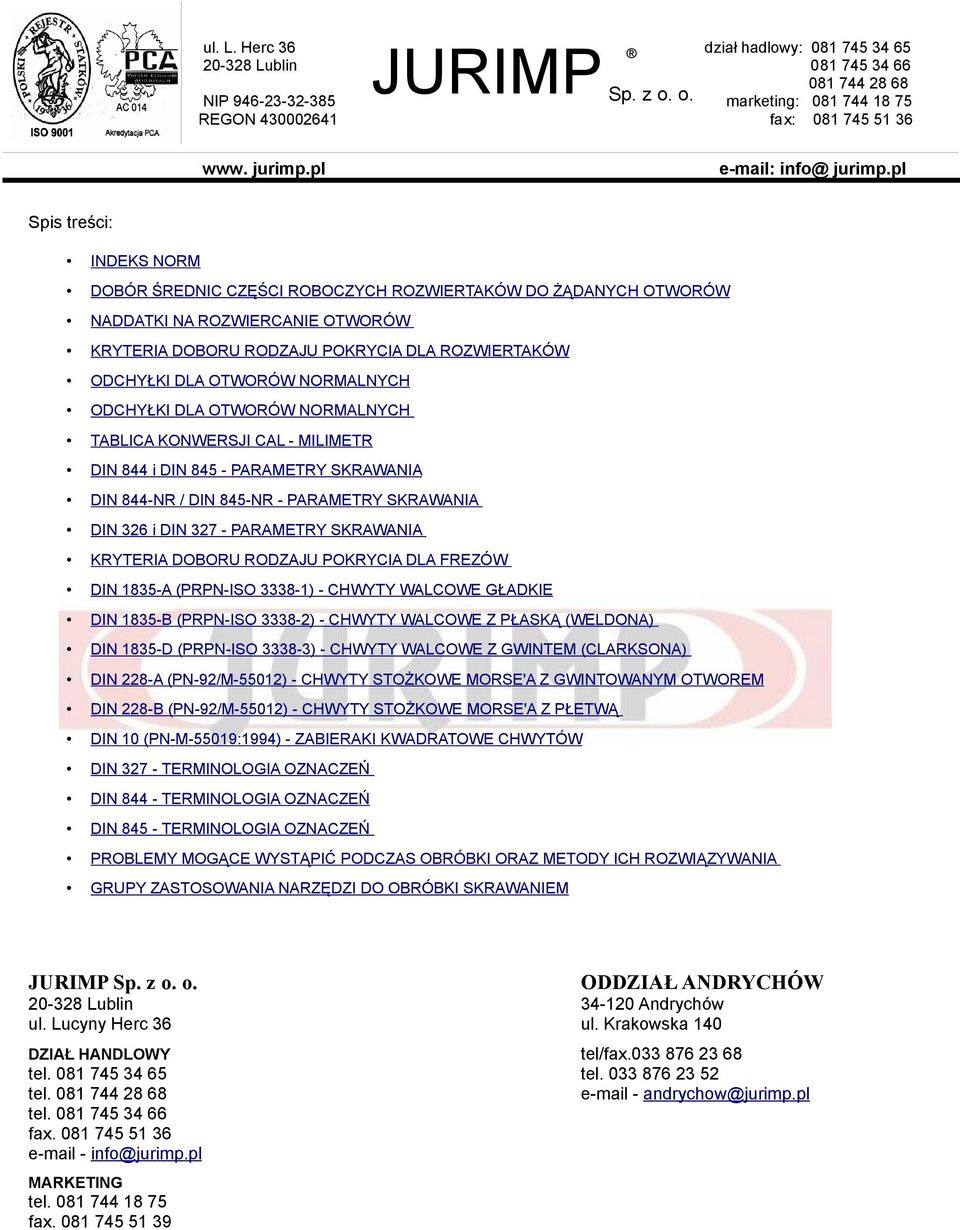 SKRAWANIA KRYTERIA DOBORU RODZAJU POKRYCIA DLA FREZÓW DIN 1835-A (PRPN-ISO 3338-1) - CHWYTY WALCOWE GŁADKIE DIN 1835-B (PRPN-ISO 3338-2) - CHWYTY WALCOWE Z PŁASKĄ (WELDONA) DIN 1835-D (PRPN-ISO