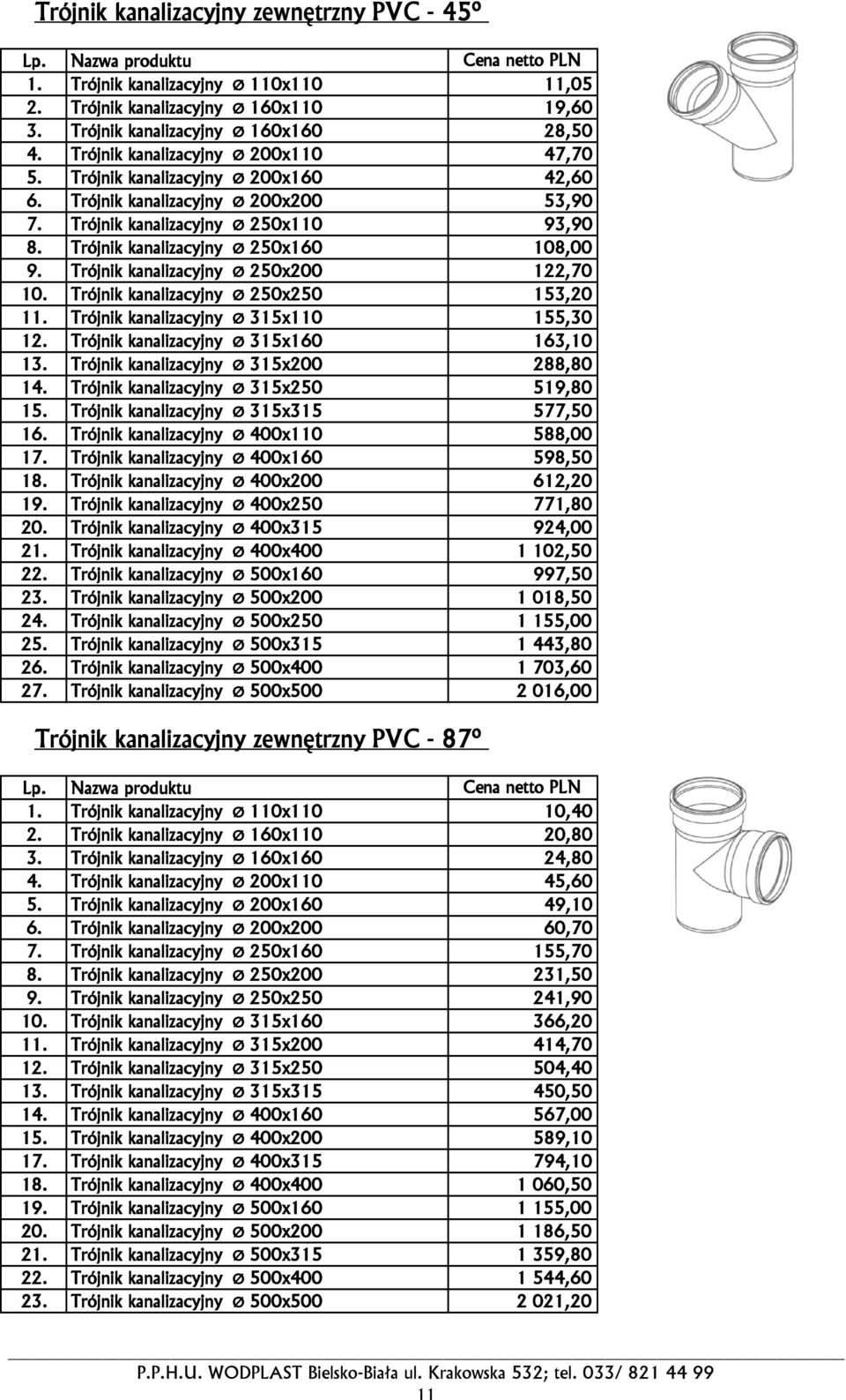 Trójnik kanalizacyjny Ø 250x160 108,00 9. Trójnik kanalizacyjny Ø 250x200 122,70 10. Trójnik kanalizacyjny Ø 250x250 153,20 11. Trójnik kanalizacyjny Ø 315x110 155,30 12.