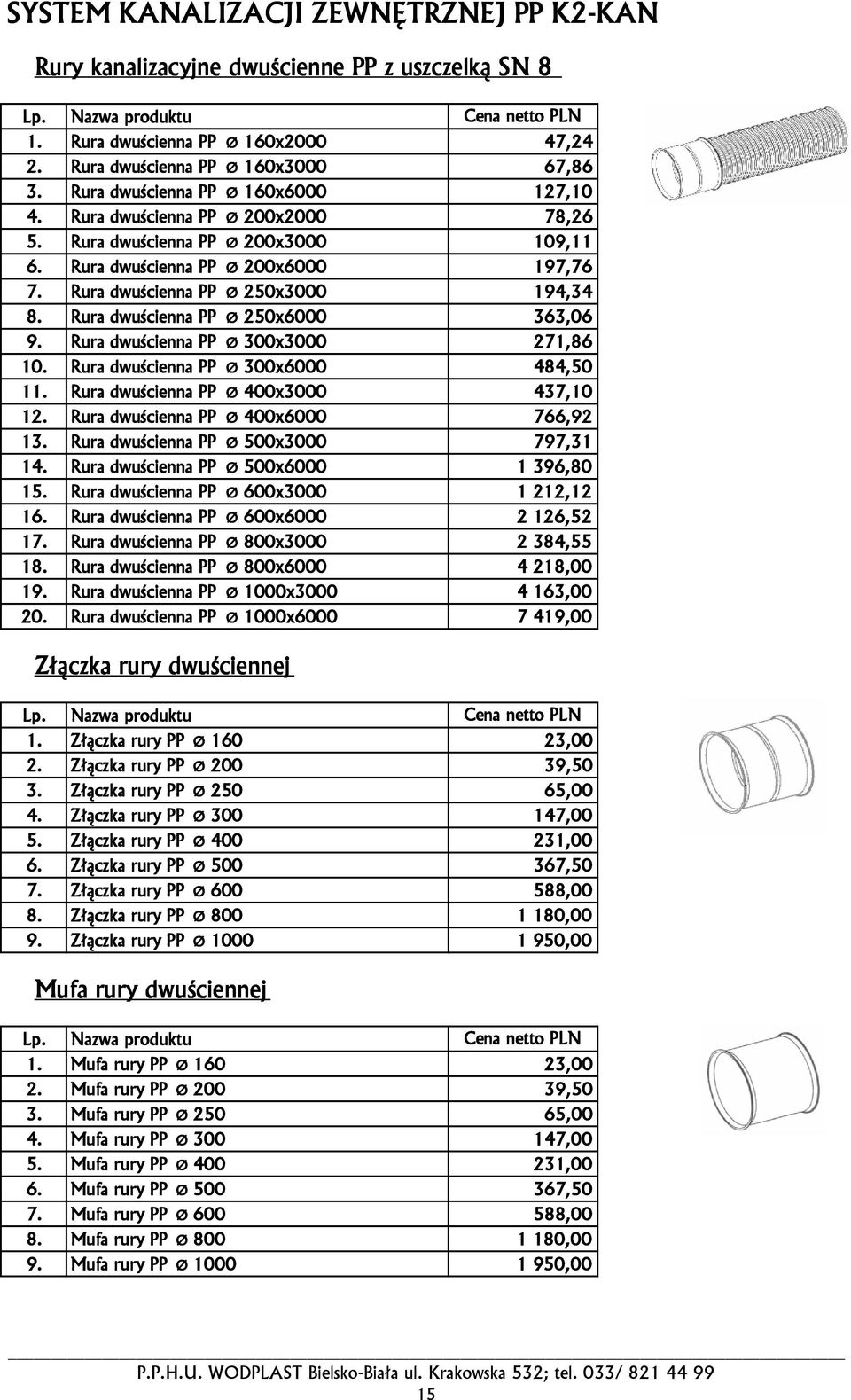 Rura dwuścienna PP Ø 250x6000 363,06 9. Rura dwuścienna PP Ø 300x3000 271,86 10. Rura dwuścienna PP Ø 300x6000 484,50 11. Rura dwuścienna PP Ø 400x3000 437,10 12.