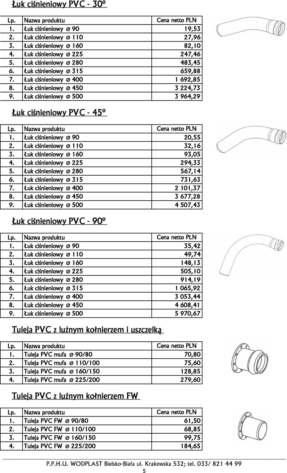 Łuk ciśnieniowy Ø 110 32,16 3. Łuk ciśnieniowy Ø 160 93,05 4. Łuk ciśnieniowy Ø 225 294,33 5. Łuk ciśnieniowy Ø 280 567,14 6. Łuk ciśnieniowy Ø 315 731,63 7. Łuk ciśnieniowy Ø 400 2 101,37 8.