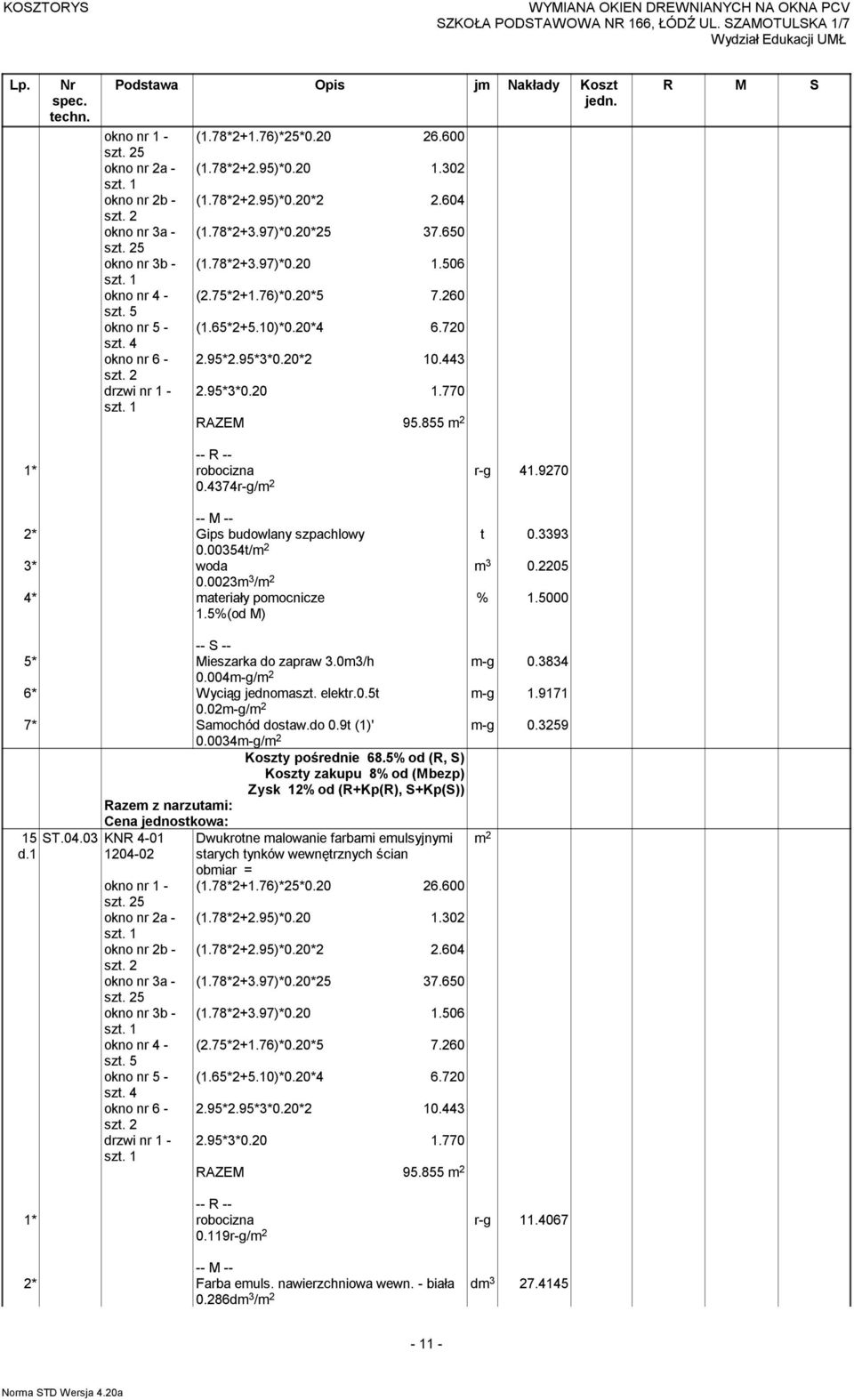 2205 2* Gips budowlany szpachlowy 0.00354t/ 3* woda 0.0023m 3 / 4* materiały pomocnicze 1.5%(od M) 5* Mieszarka do zapraw 3.0m3/h m-g 0.3834 0.004m-g/ 6* Wyciąg jednomaszt. elektr.0.5t m-g 1.9171 0.