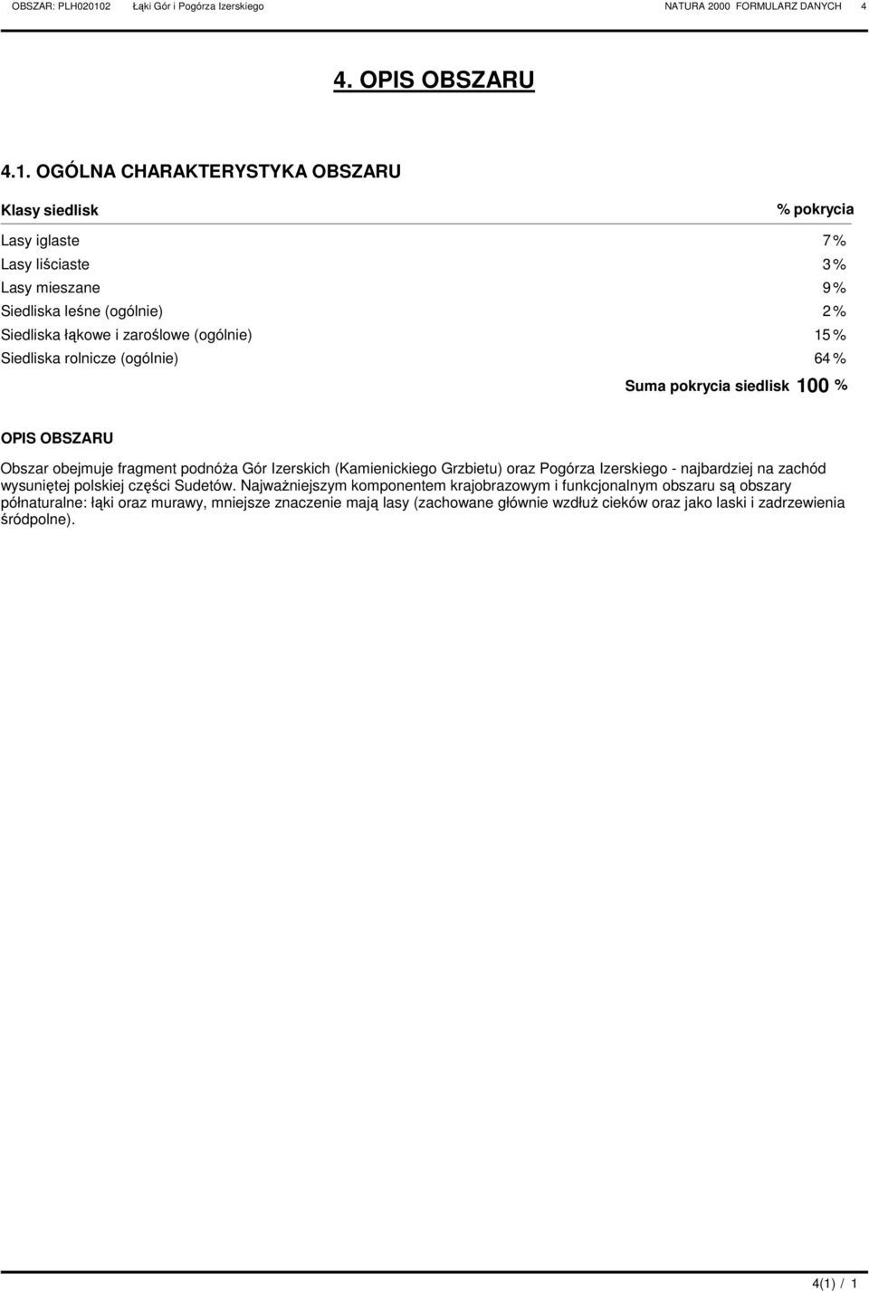 OGÓLNA HARAKTERYSTYKA OBSZARU Klasy siedlisk % pokrycia Lasy iglaste 7 % Lasy liściaste 3 % Lasy mieszane 9 % Siedliska leśne (ogólnie) 2 % Siedliska łąkowe i zaroślowe (ogólnie) 15