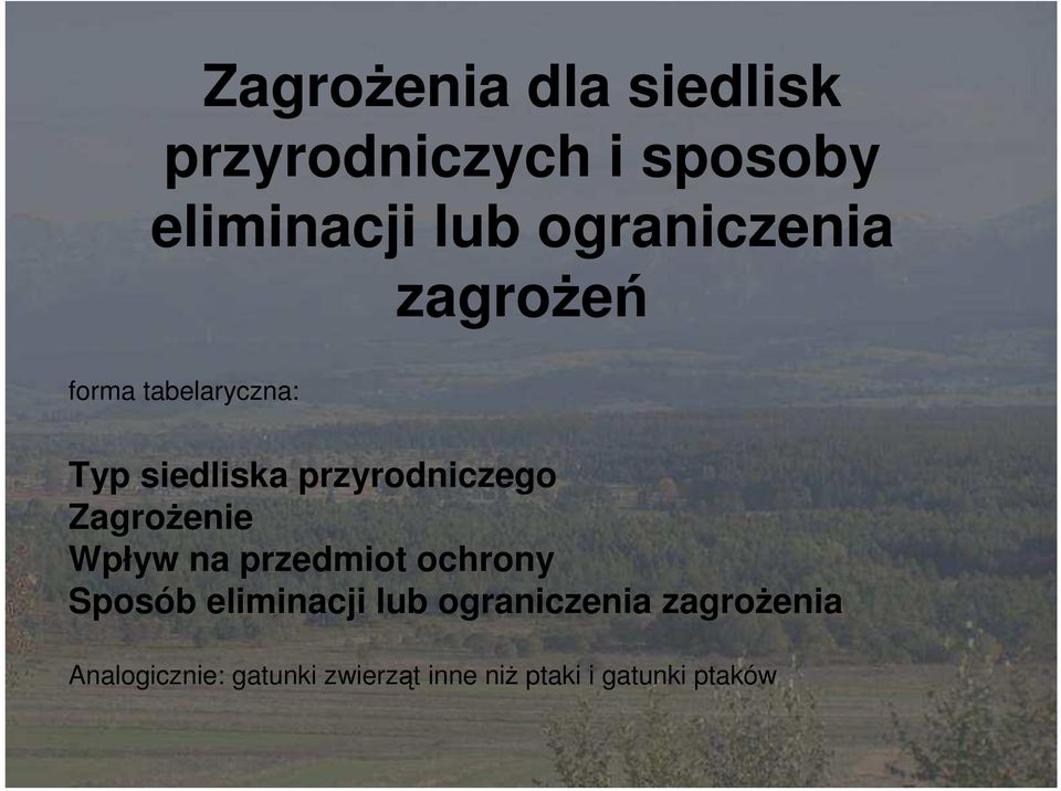 ZagroŜenie Wpływ na przedmiot ochrony Sposób eliminacji lub