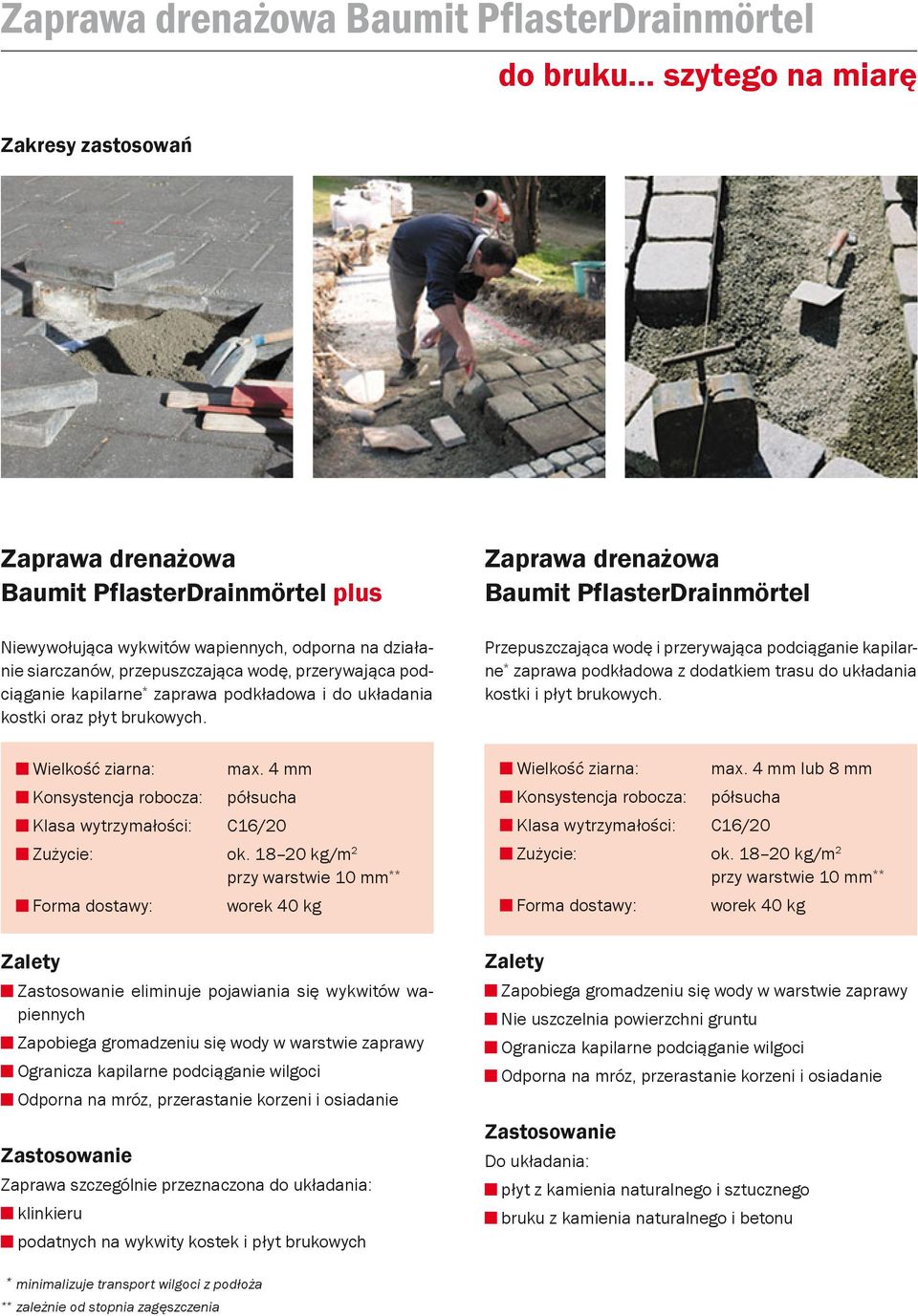 Zaprawa drenażowa Baumit PflasterDrainmörtel Przepuszczająca wodę i przerywająca podciąganie kapilarne * zaprawa podkładowa z dodatkiem trasu do układania kostki i płyt brukowych.