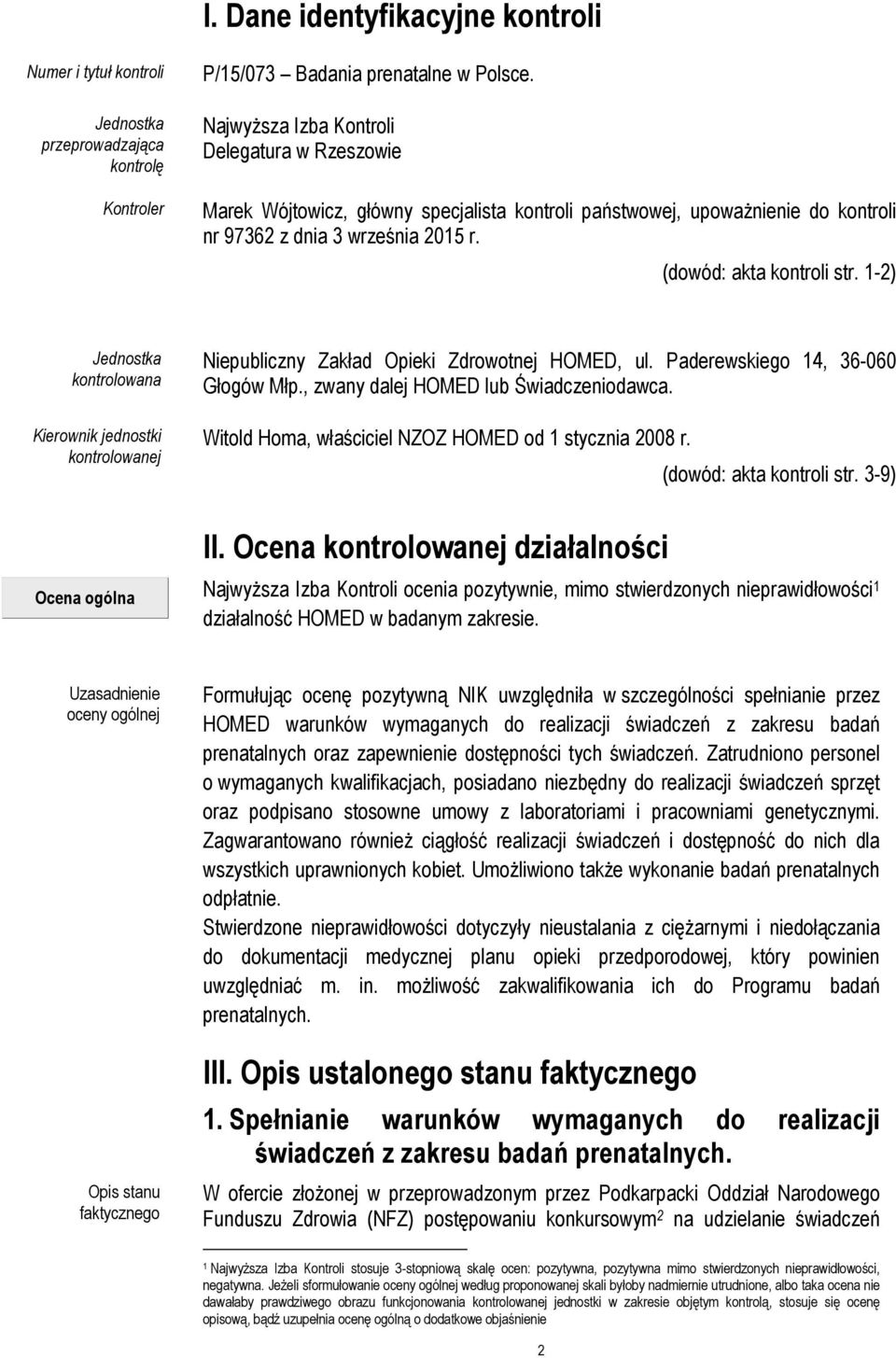 1-2) Jednostka kontrolowana Kierownik jednostki kontrolowanej Niepubliczny Zakład Opieki Zdrowotnej HOMED, ul. Paderewskiego 14, 36-060 Głogów Młp., zwany dalej HOMED lub Świadczeniodawca.