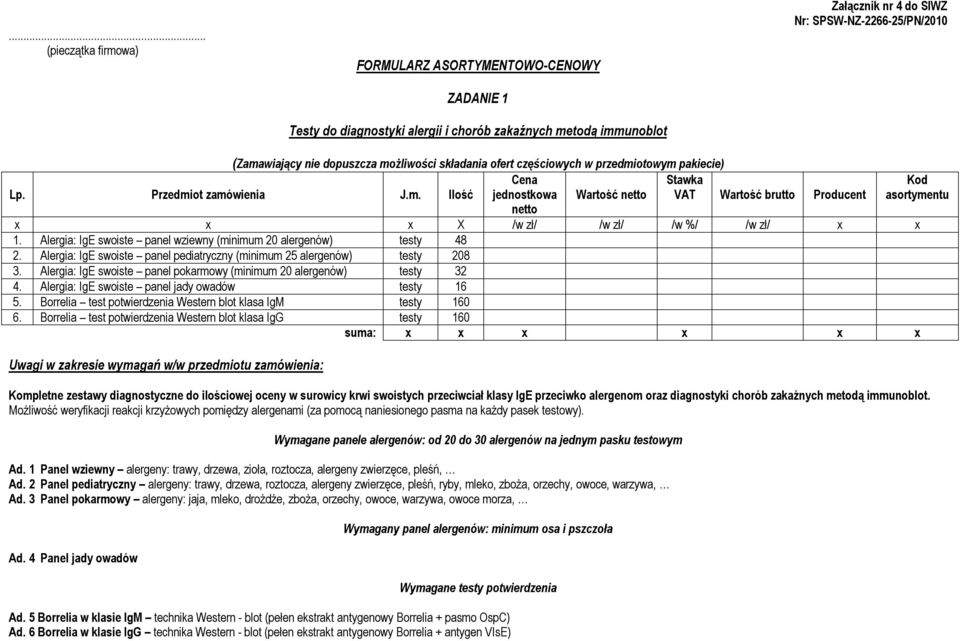 Alergia: IgE swoiste panel wziewny (minimum 20 alergenów) testy 48 2. Alergia: IgE swoiste panel pediatryczny (minimum 25 alergenów) testy 208 3.