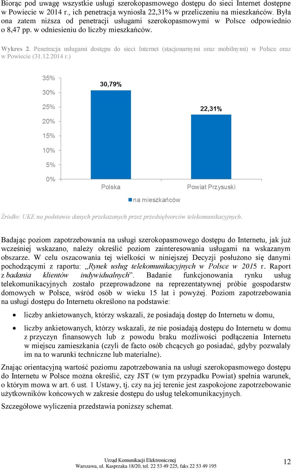 Penetracja usługami dostępu do sieci Internet (stacjonarnymi oraz mobilnymi) w Polsce oraz w Powiecie (31.12.2014 r.
