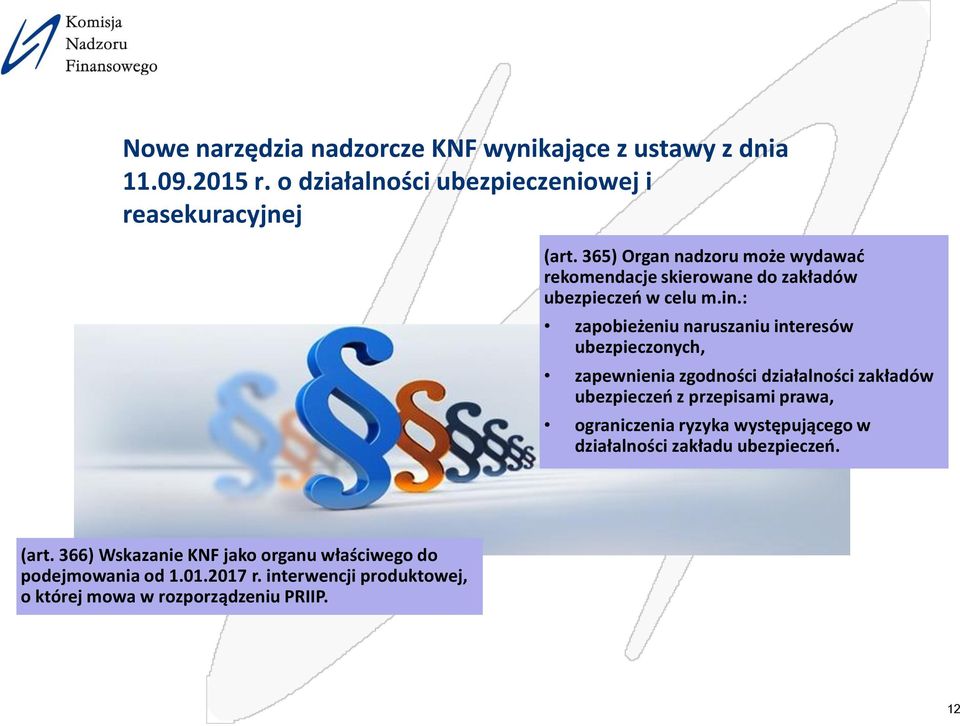 : zapobieżeniu naruszaniu interesów ubezpieczonych, zapewnienia zgodności działalności zakładów ubezpieczeń z przepisami prawa, ograniczenia