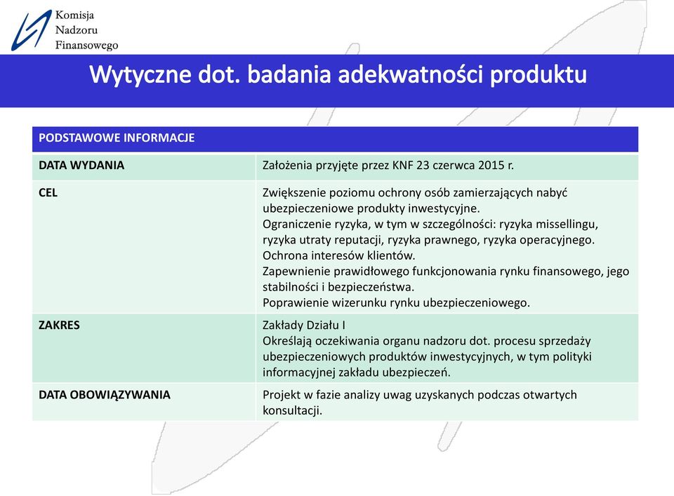 Ograniczenie ryzyka, w tym w szczególności: ryzyka missellingu, ryzyka utraty reputacji, ryzyka prawnego, ryzyka operacyjnego. Ochrona interesów klientów.