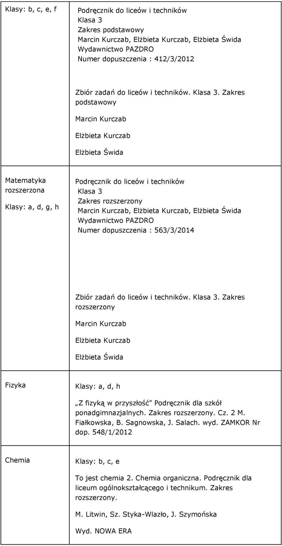 Zakres podstawowy Marcin Kurczab Elżbieta Kurczab Elżbieta Świda Matematyka rozszerzona Klasy: a, d, g, h Podręcznik do liceów i techników Klasa 3 Zakres rozszerzony Marcin Kurczab, Elżbieta Kurczab,