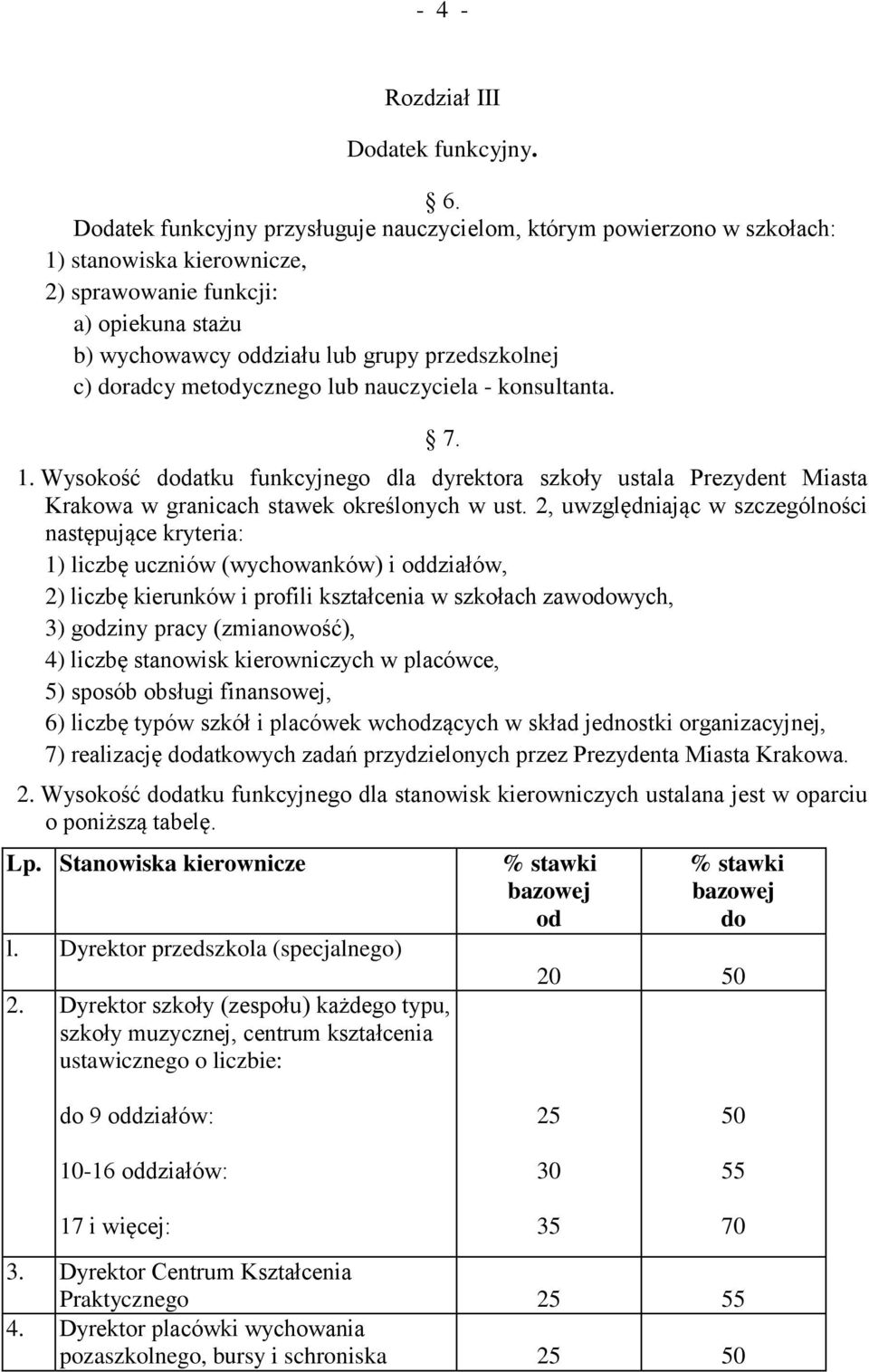 doradcy metodycznego lub nauczyciela - konsultanta. 7. 1. Wysokość dodatku funkcyjnego dla dyrektora szkoły ustala Prezydent Miasta Krakowa w granicach stawek określonych w ust.