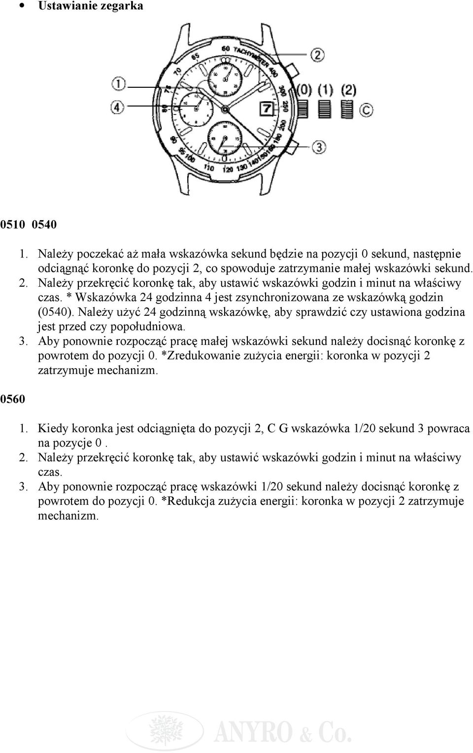 * Wskazówka 24 godzinna 4 jest zsynchronizowana ze wskazówką godzin (0540). Należy użyć 24 godzinną wskazówkę, aby sprawdzić czy ustawiona godzina jest przed czy popołudniowa. 3.