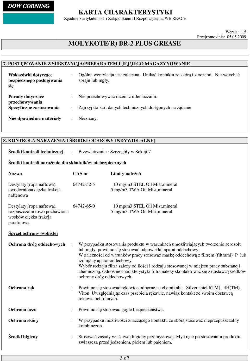 przechowywania Specyficzne zastosowania : Zajrzyj do kart danych technicznych dostępnych na żądanie Nieodpowiednie materiały : Nieznany. 8.