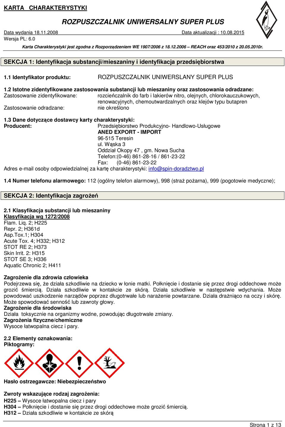 renowacyjnych, chemoutwardzalnych oraz klejów typu butapren Zastosowanie odradzane: nie określono 1.