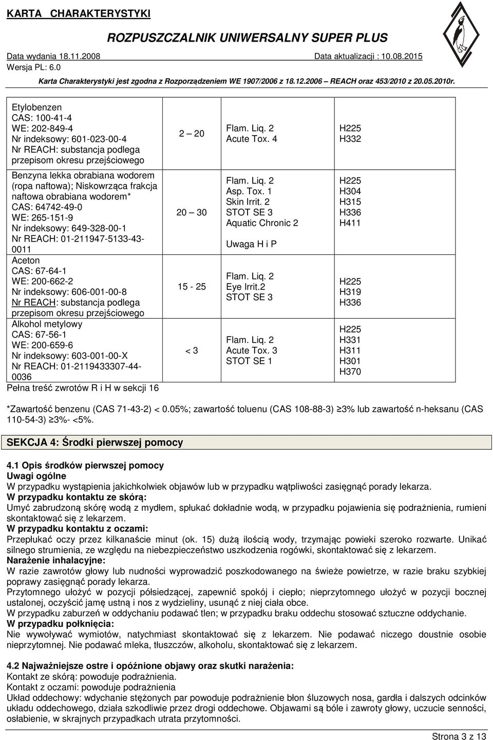 Aceton CAS: 67-64-1 WE: 200-662-2 Nr indeksowy: 606-001-00-8 Nr REACH: substancja podlega przepisom okresu przejściowego Alkohol metylowy CAS: 67-56-1 WE: 200-659-6 Nr indeksowy: 603-001-00-X Nr