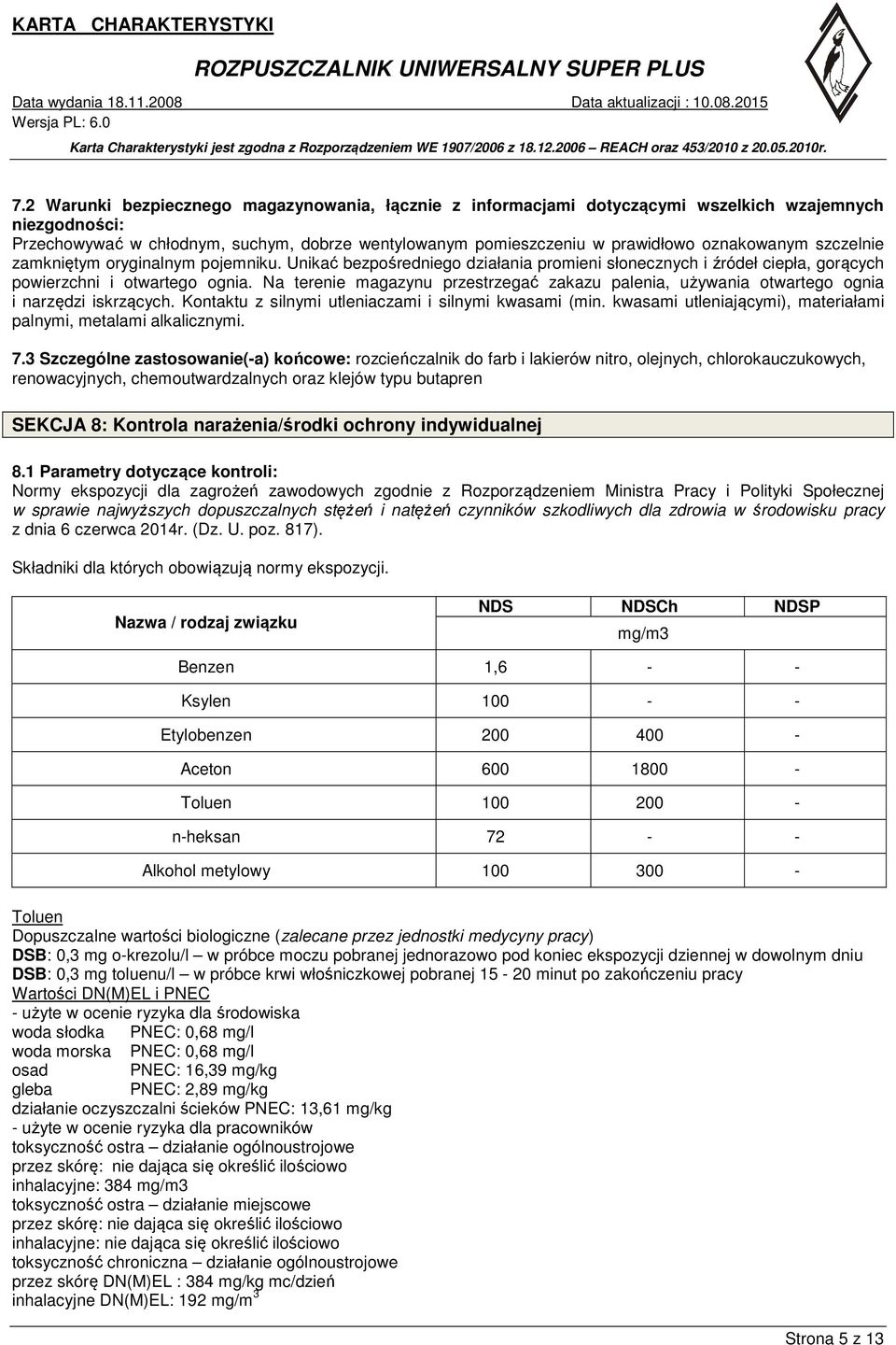 Na terenie magazynu przestrzegać zakazu palenia, używania otwartego ognia i narzędzi iskrzących. Kontaktu z silnymi utleniaczami i silnymi kwasami (min.