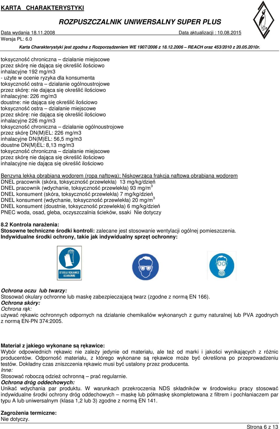 inhalacyjne 226 mg/m3 toksyczność chroniczna działanie ogólnoustrojowe przez skórę DN(M)EL: 226 mg/m3 inhalacyjne DN(M)EL: 56,5 mg/m3 doustne DN(M)EL: 8,13 mg/m3 toksyczność chroniczna działanie