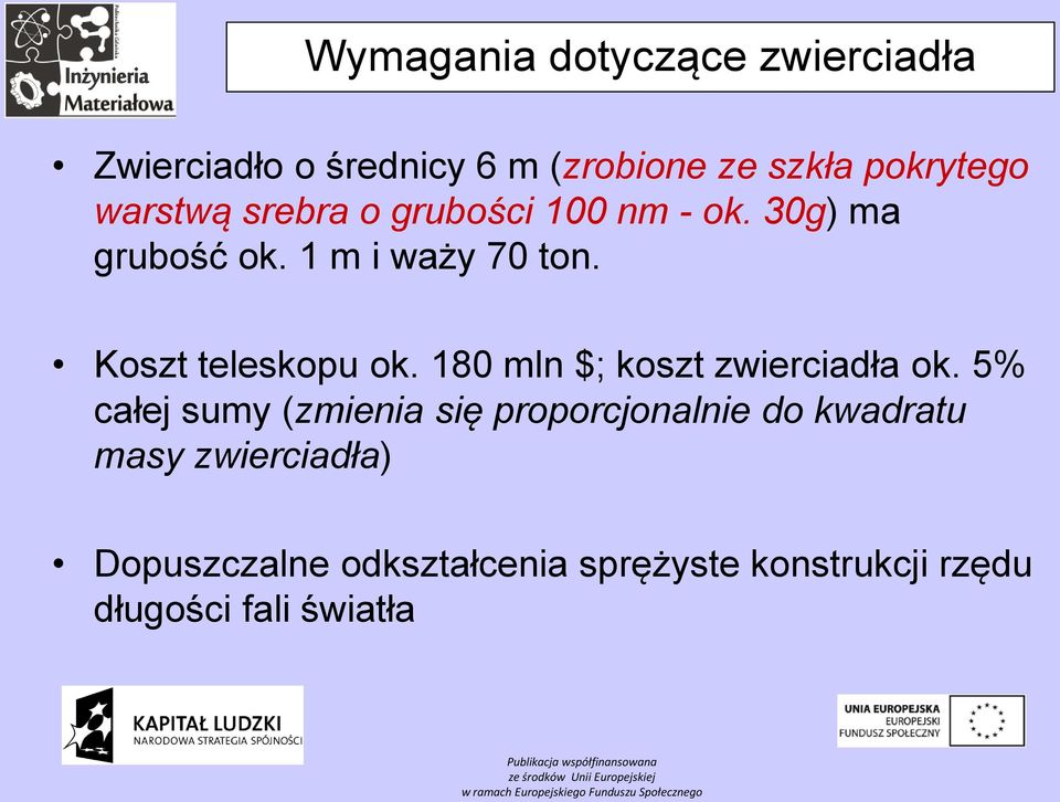 Koszt teleskopu ok. 180 mln $; koszt zwierciadła ok.