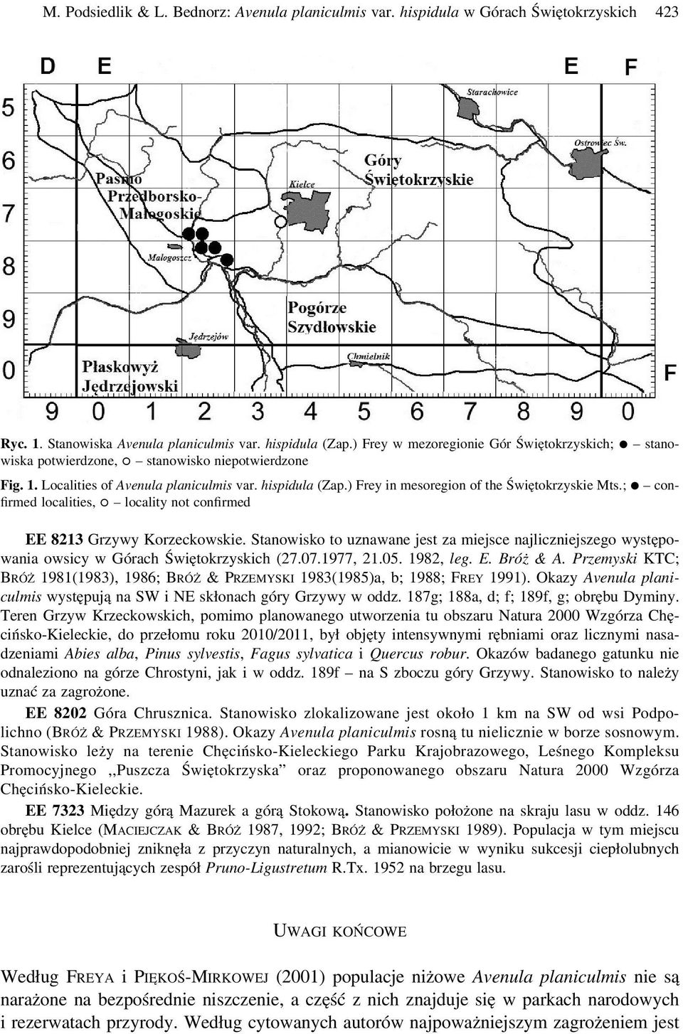 ) Frey in mesoregion of the Świętokrzyskie Mts.; confirmed localities, locality not confirmed EE 8213 Grzywy Korzeckowskie.