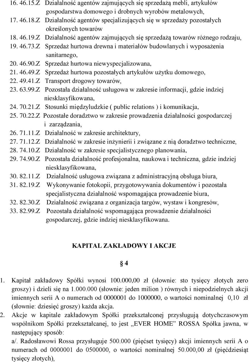 Z Sprzedaż hurtowa drewna i materiałów budowlanych i wyposażenia sanitarnego, 20. 46.90.Z Sprzedaż hurtowa niewyspecjalizowana, 21. 46.49.Z Sprzedaż hurtowa pozostałych artykułów użytku domowego, 22.
