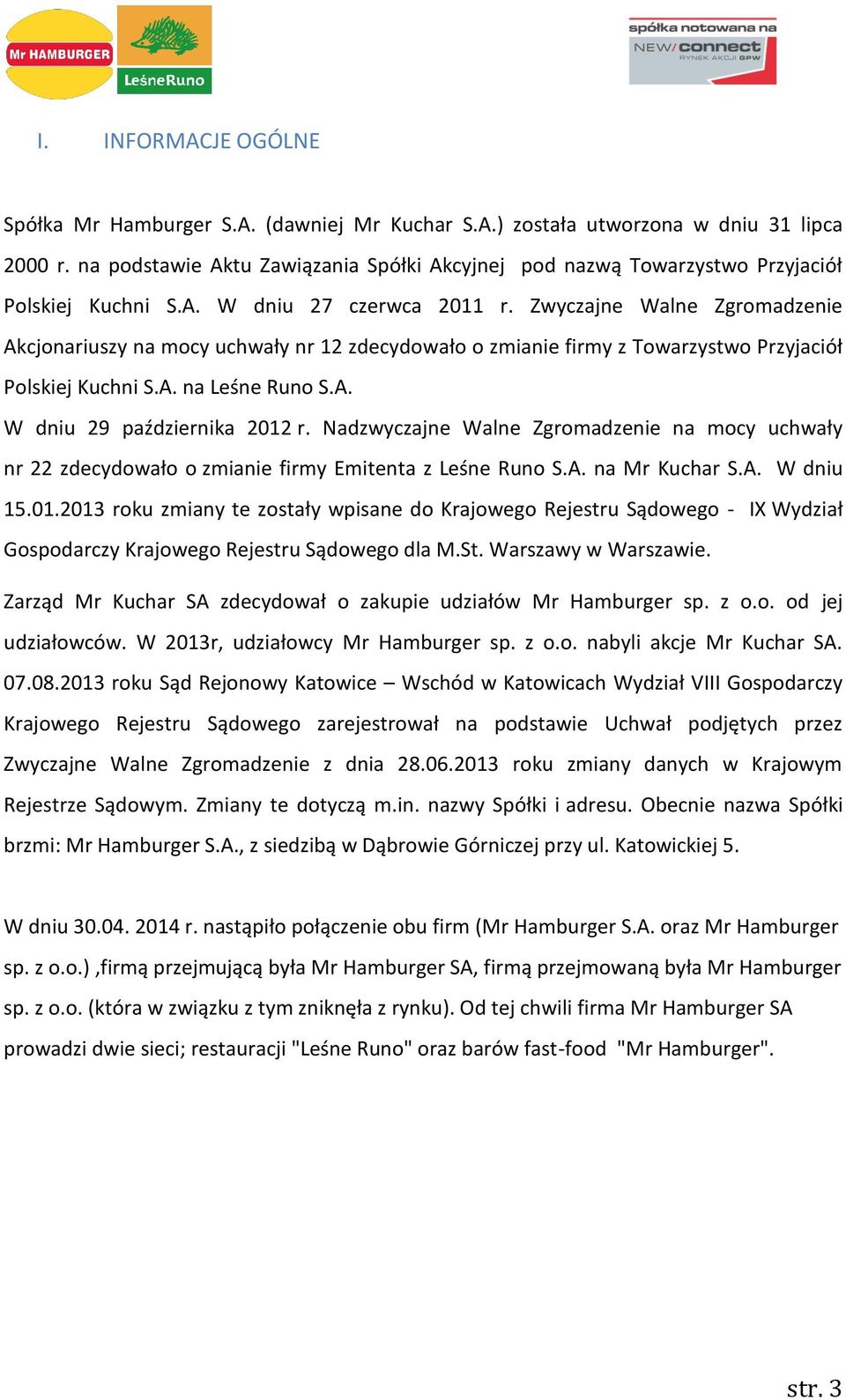 Zwyczajne Walne Zgromadzenie Akcjonariuszy na mocy uchwały nr 12 zdecydowało o zmianie firmy z Towarzystwo Przyjaciół Polskiej Kuchni S.A. na Leśne Runo S.A. W dniu 29 października 2012 r.